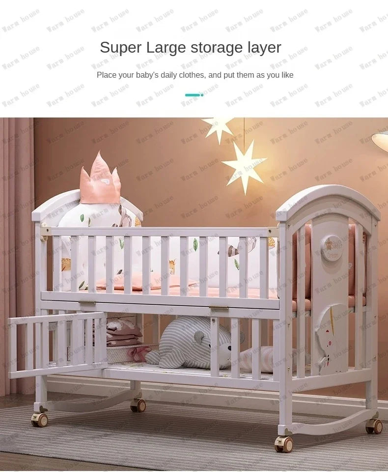 Solid wood spliced crib Multifunctional European style children's bed Movable newborn cradle large bed Baby Rest Chair