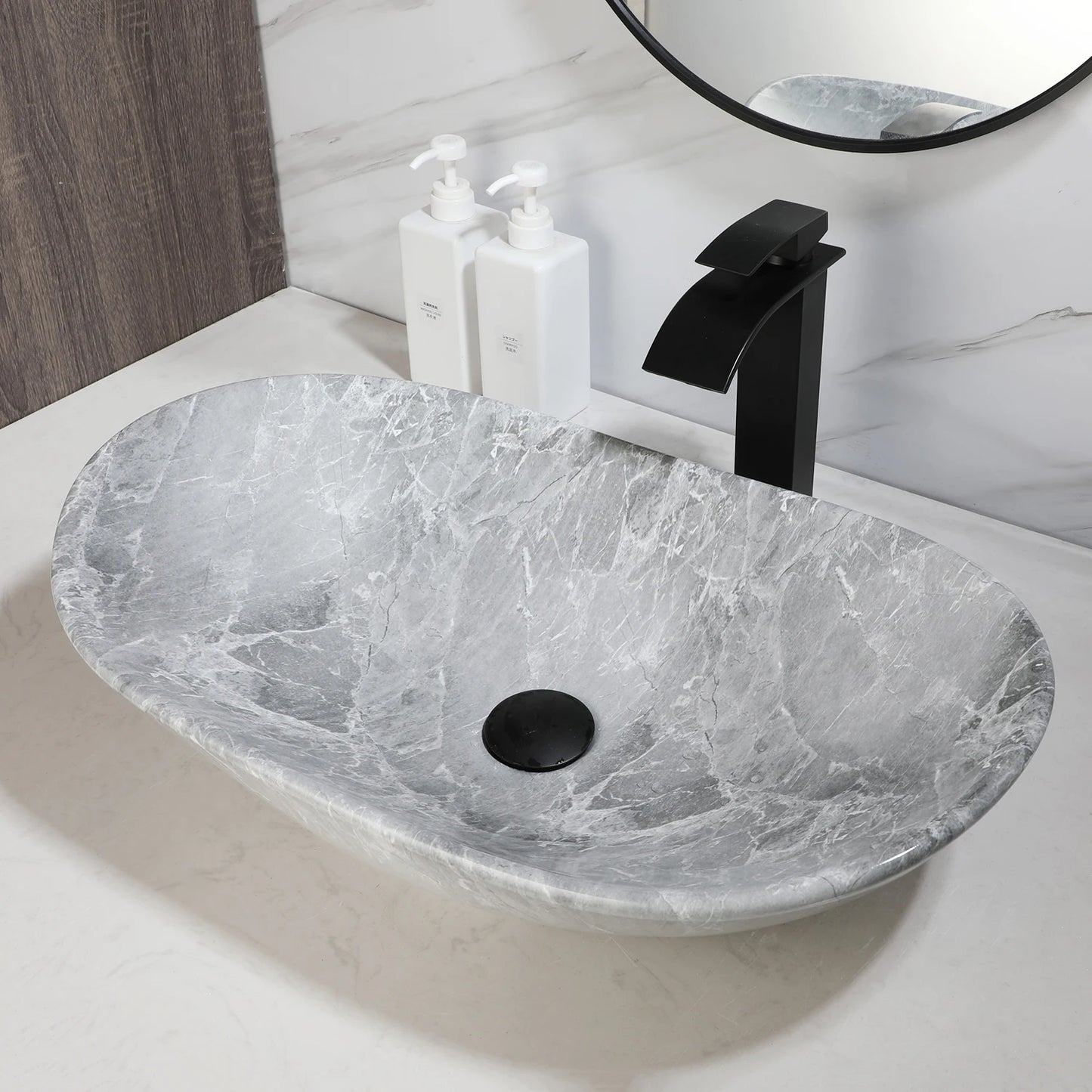 JIENI European Style Bathroom Sink Set Ceramic Washbasin Black Waterfall Faucet Pop Up Drain Combo Oval Counter Top Sinks