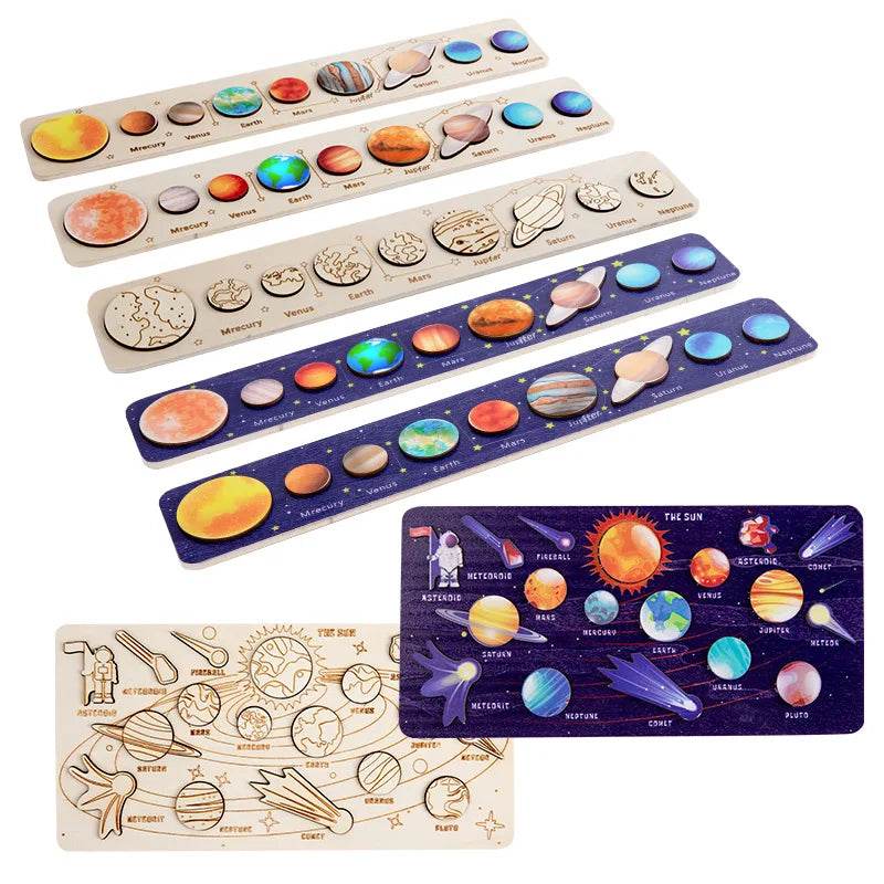 Children Wooden Space Planet Puzzles Montessori Toys Planet Matching Game Jigsaw Tray Universe Solar System Science Learning Toy - AIAZ