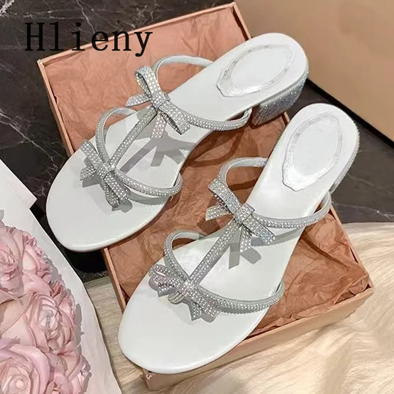 Hlieny Silver Crystal Bowknot Slipper Summer Outdoor Sandal Women Square Low Heel Beach Slip On Flip Flop Slides Shoes Size 40