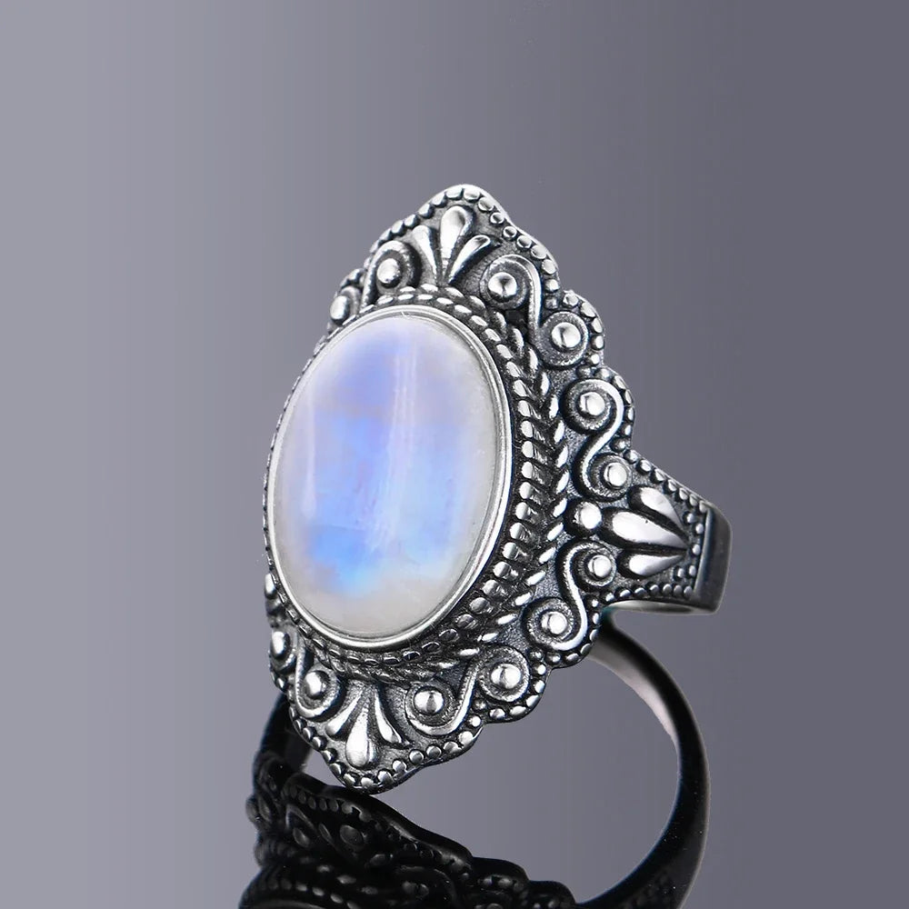 Retro Oval Natural Labradorite Rings for Women Men Silver Ring Finger Ring Retro Gemstone Rings Jewelry Party Gift