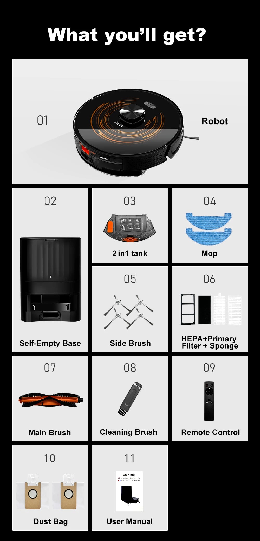 Robot Vacuum Cleaner K30 Self-cleaning dustbin, Dual Laser,UV Spot Cleaning,240mins Runtime, Auto Smart Carpet Floor Washing