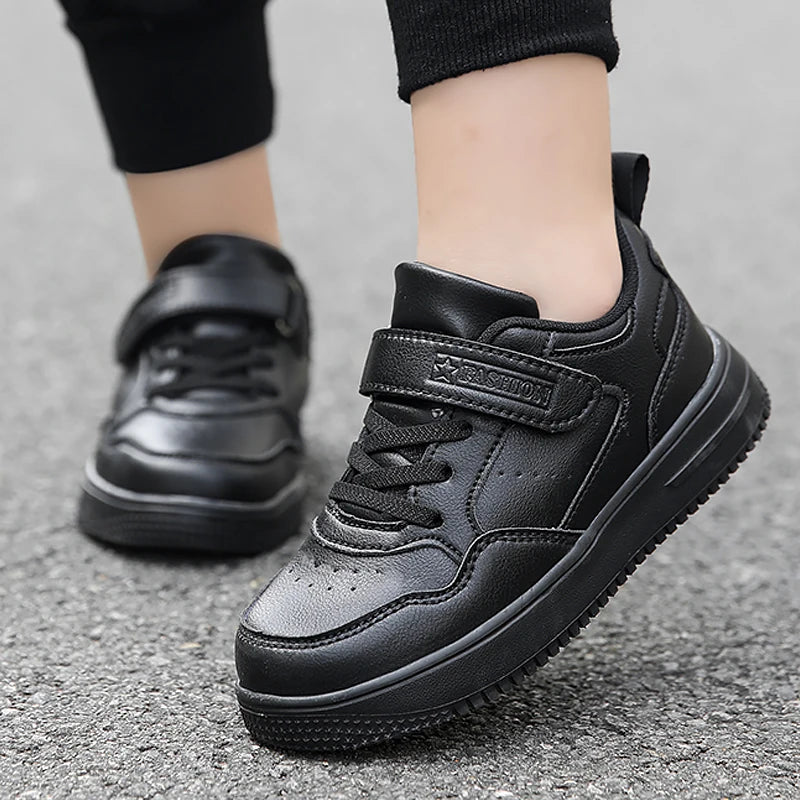 Black Kids Shoes Sports Running Casual Walking Student Fashion New Leather Children's Sneakers Breathable Soft Child Outdoor