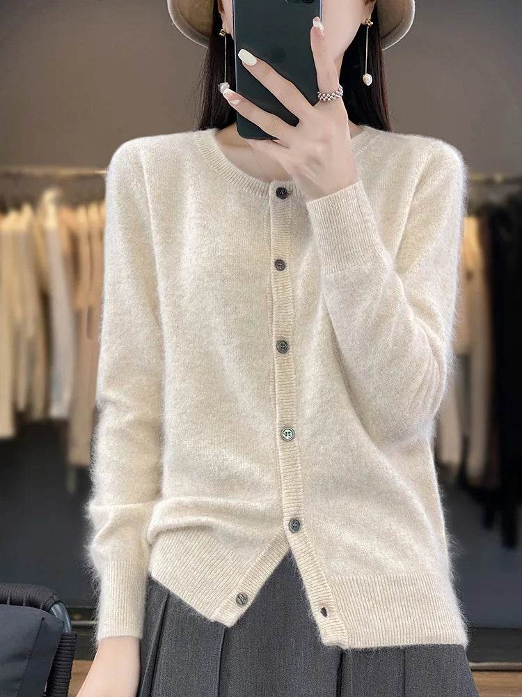 Women's Cardigan 100% Mink Cashmere Sweater,O-Neck Long Sleeve Top,Plus-Size Loose,Spring and Autumn Soft Knitted Jacket Female - AIAZ