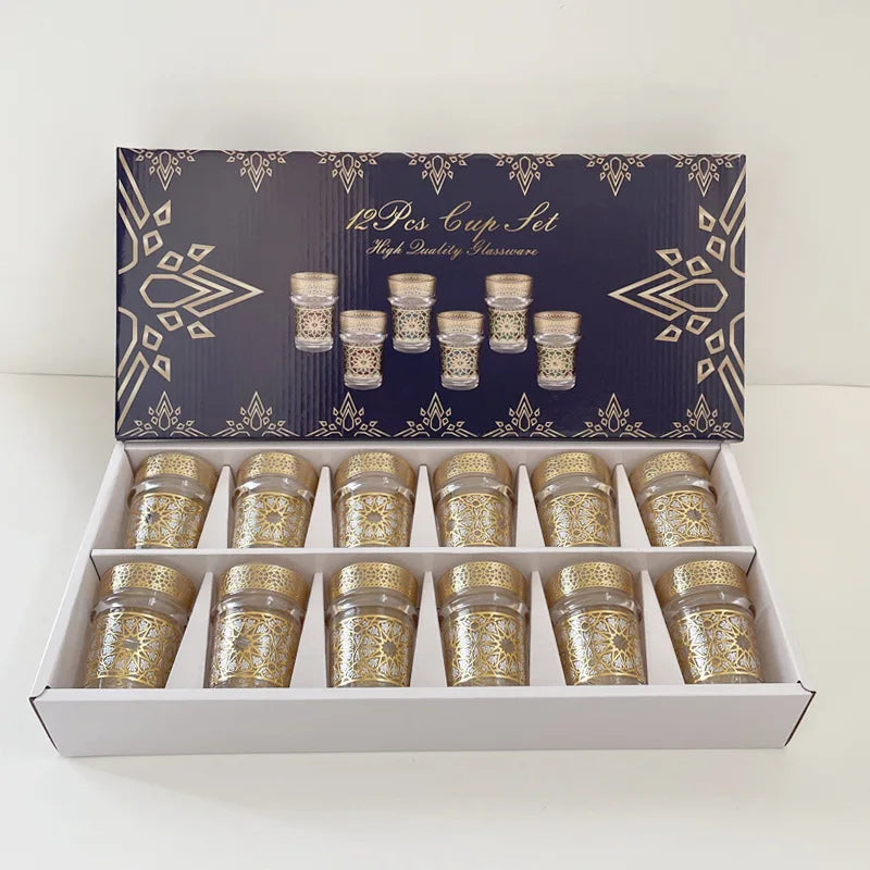 12-piece set, Light luxury style Moroccan glass cup, Türkiye Saudi restaurant tea cup, Mosaic paper gilding water cup, gift cup