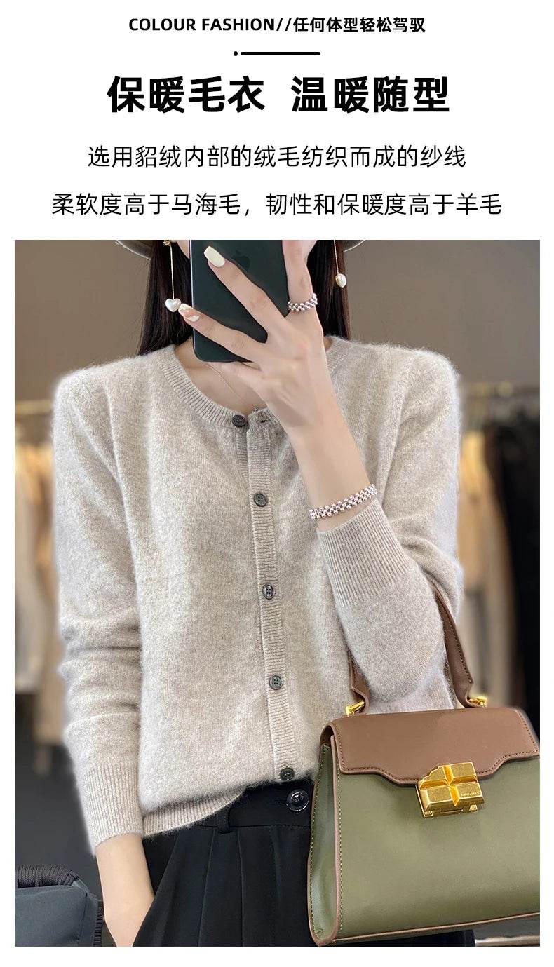 Women's Cardigan 100% Mink Cashmere Sweater,O-Neck Long Sleeve Top,Plus-Size Loose,Spring and Autumn Soft Knitted Jacket Female - AIAZ