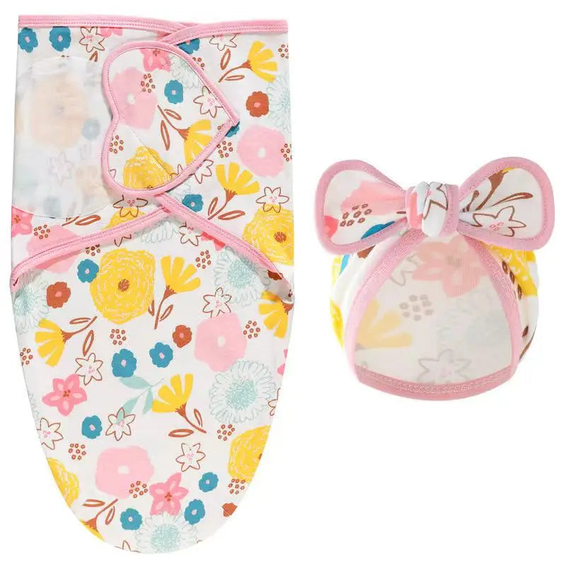 Baby Blanket Hat Set Cartoon Printed Cotton Newborn Swaddle Adjustable Infant Sleeping Swaddle Wraps All Seasons 0-6 Months