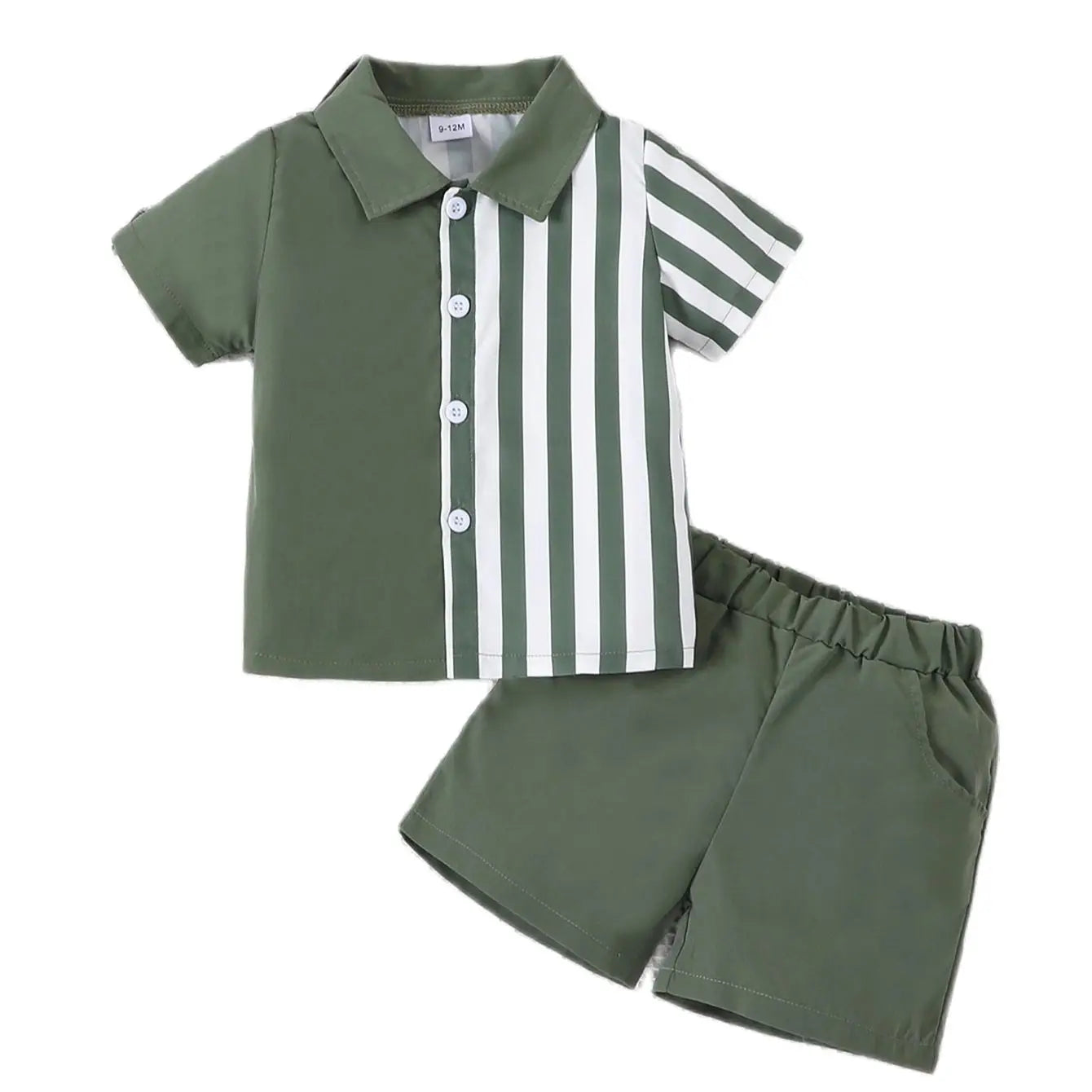 2-piece set of fashionable and casual solid color splicing short sleeved shirt top and shorts for baby boys, summer