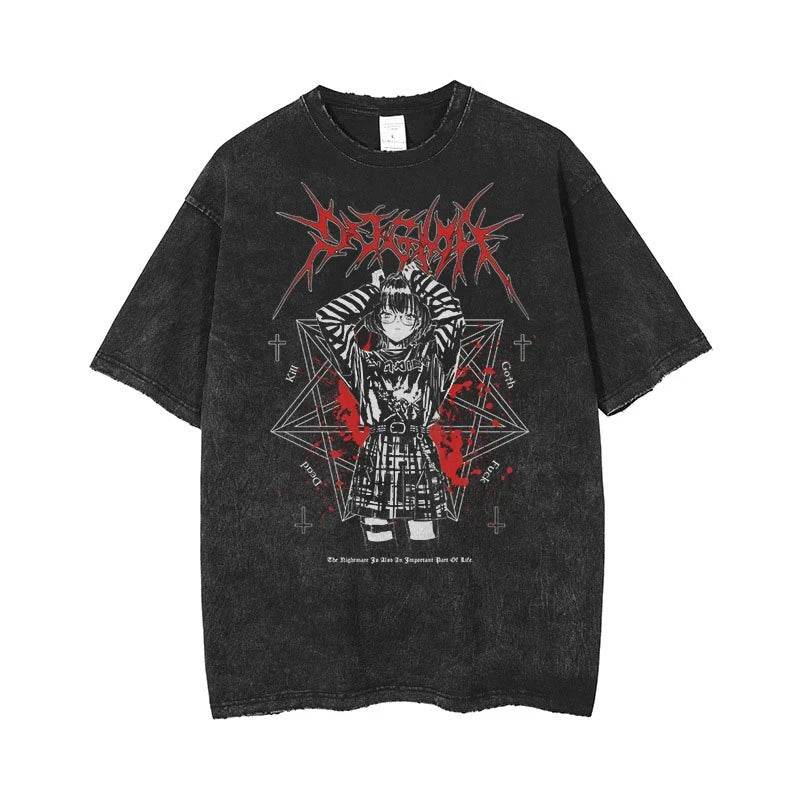 Anime Men's T Shirts Gothic Printed T-Shirt Hip Hop Streetwear Punk Summer Vintage Washed Oversized Tops Men Clothing - AIAZ