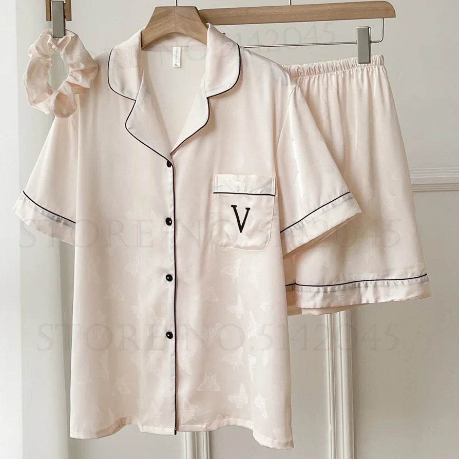 Summer Short Sleeve Pajamas Set Trouser Suits Women Sleepwear Elegant Pink Jacquard Butterfly Pyjama Pour Femme Satin Homewear - AIAZ