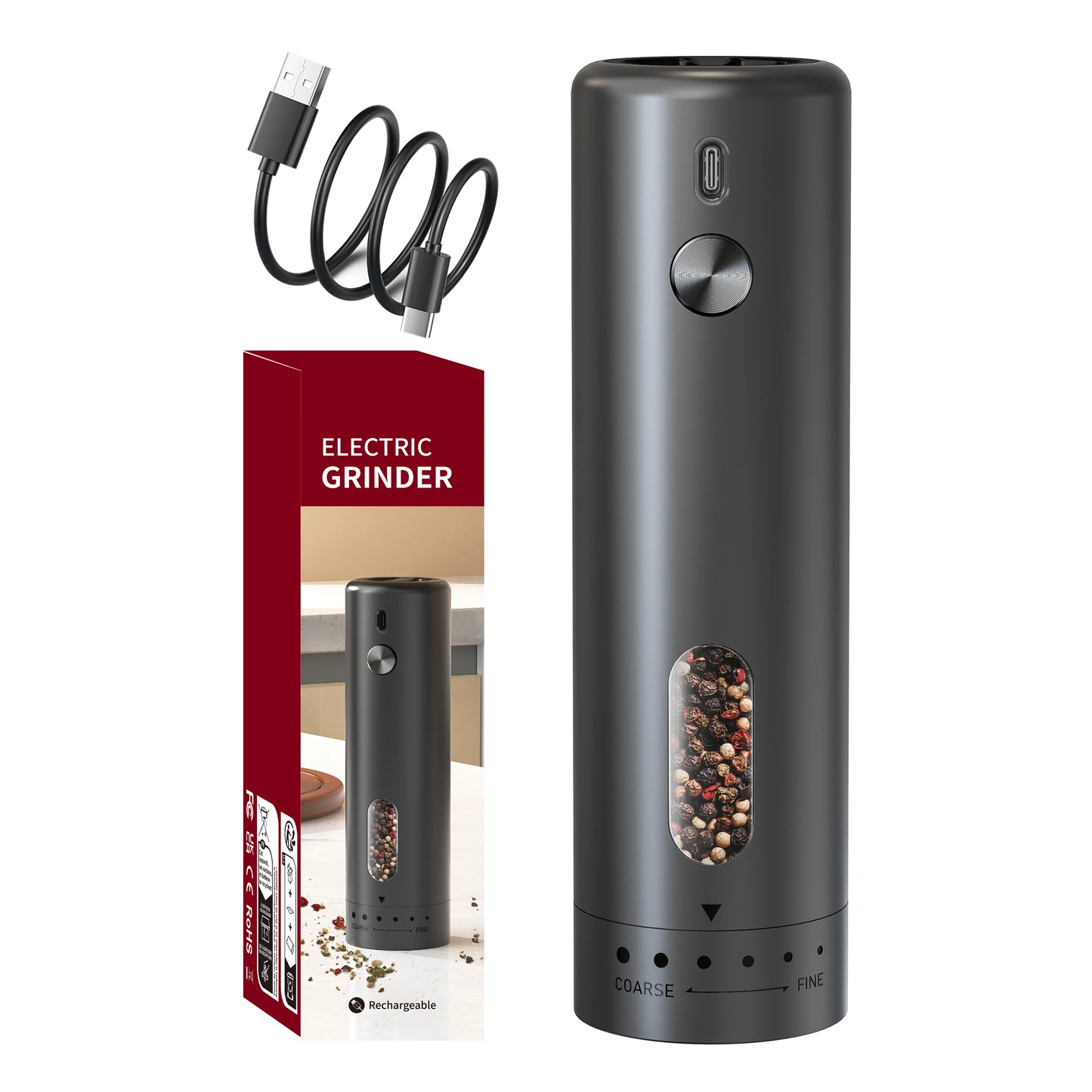 110ml Rechargeable Electric Salt and Pepper Grinder Shakers USB Automatic Djustable Coarseness Spice Mills for Kitchen Gadgets