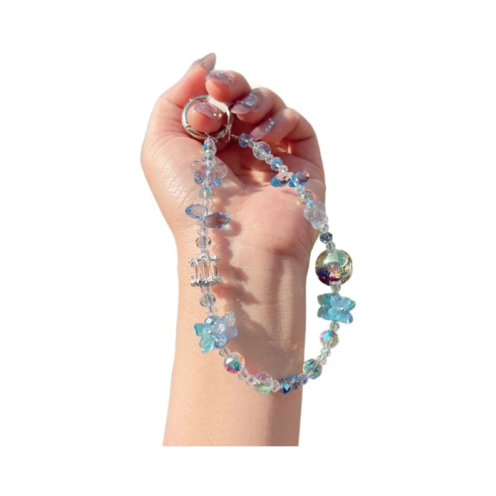 2025New Fashion Crystal Beaded Keychain for Women Phone Lanyard Wrist Strap 3 Colors (Pink/Blue/White) with Butterfly Charm Gift