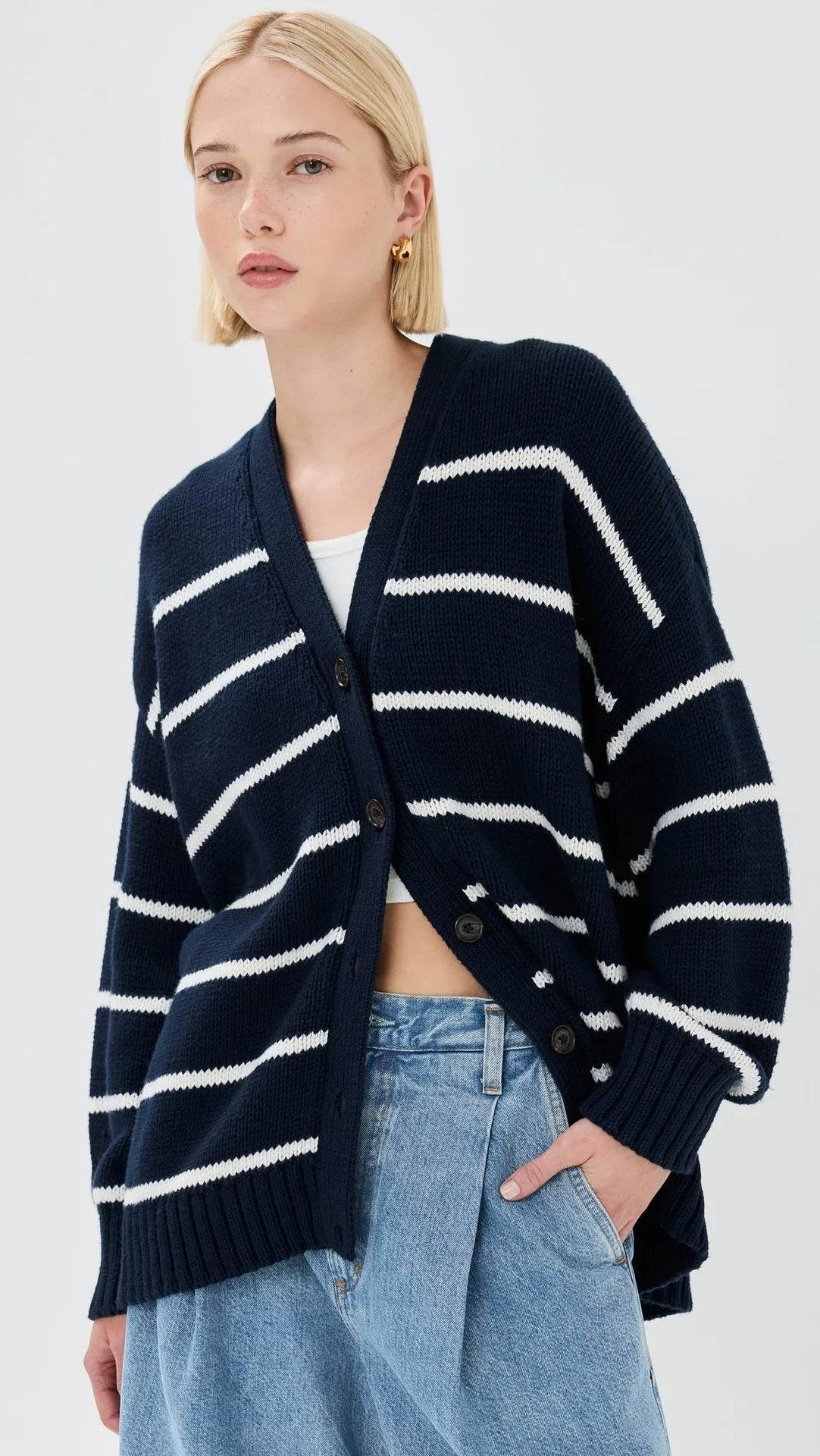 Casual Stripe Knitted Cardigan For Women 2025 Autumn Winter Single Breasted V-Neck Sweater Female Loose Coat - AIAZ