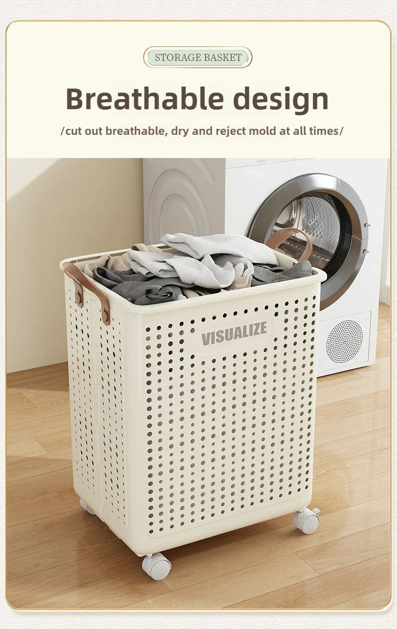 Folding Dirty Clothes Basket with Wheels Movable Laundry Hamper Storage Baskets Bathroom Large Capacity Dirty Clothes Basket