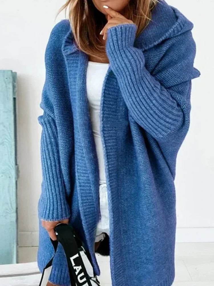 Women's Long Hooded Knitted Cardigan Sweater Warm Winter Overcoat Loose Fit Ladies Jumper Coat Knitwear Comfortable Knit - AIAZ