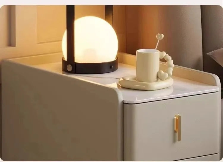 Nordic Style Intelligent Solid Wood Bedside Table Faux Leather 3 Drawers Nightstands with Wireless Charging Side Storage Cabinet