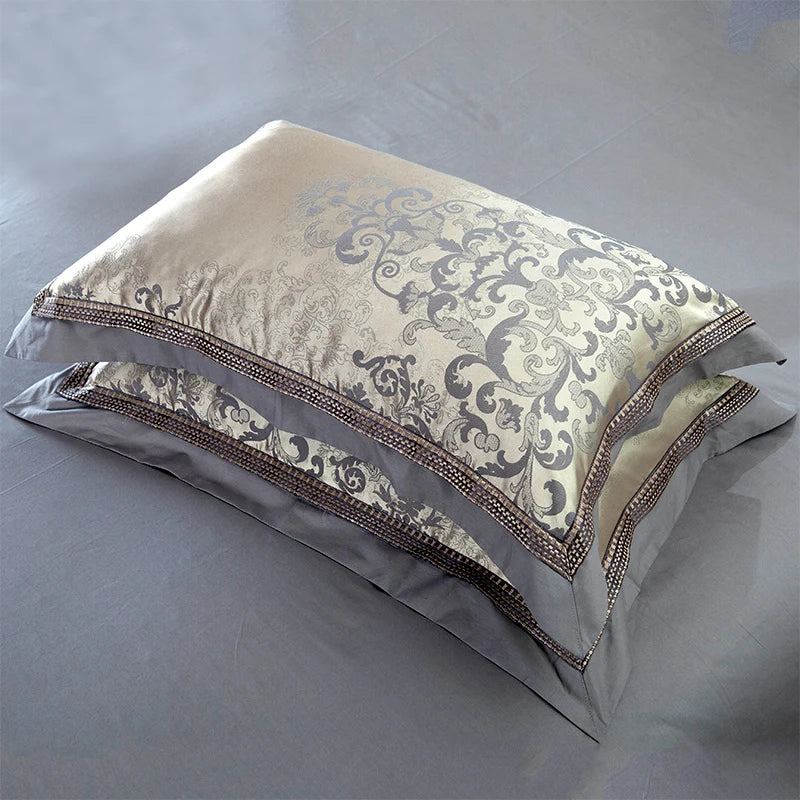 Sliver Gold Luxury Silk Satin Jacquard duvet cover bedding set queen king size Embroidery bed set bed sheet/Fitted sheet set