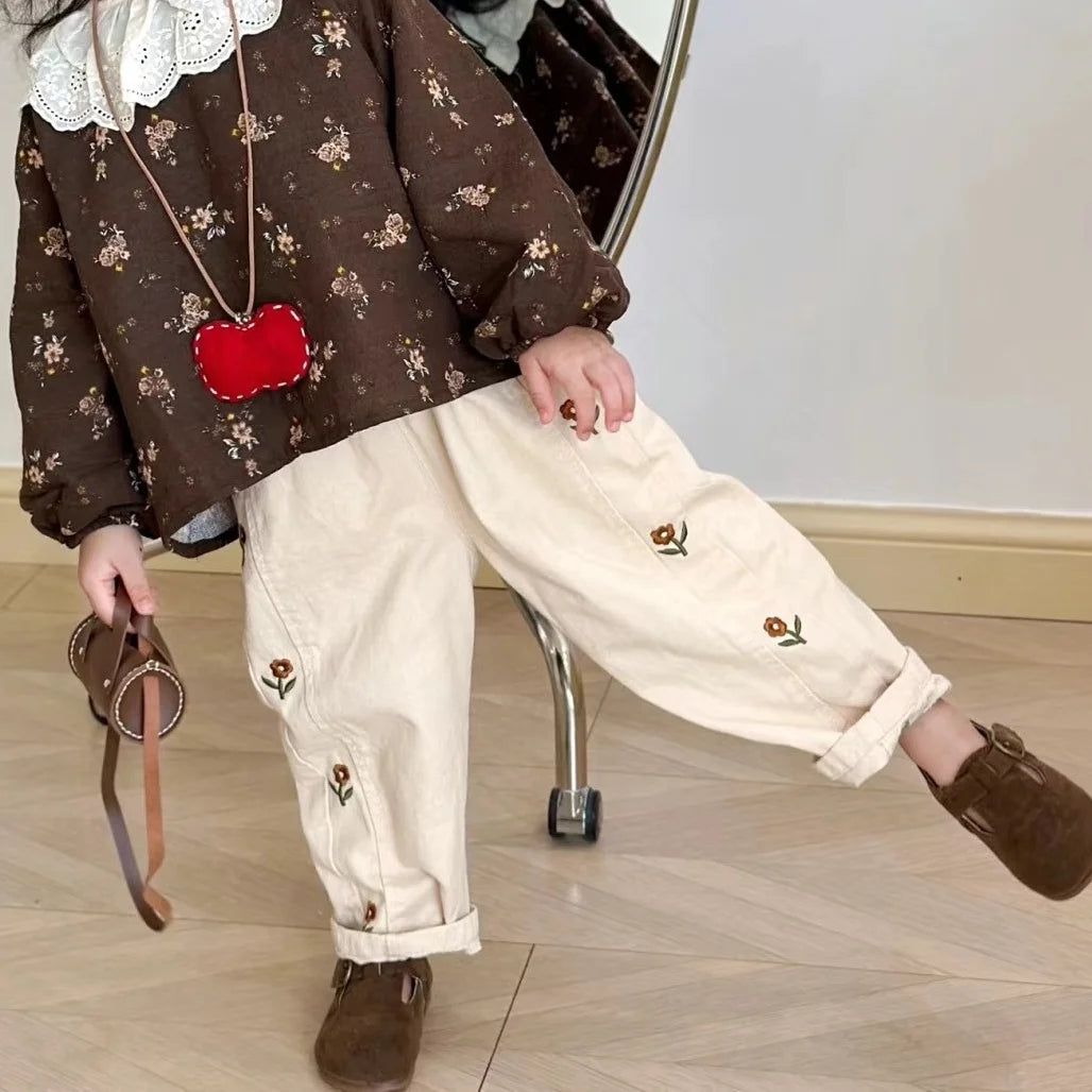 2025 Autumn Children Casual Pants 2-6T Girls Flower Embroidery Cotton Trousers Kids Baby