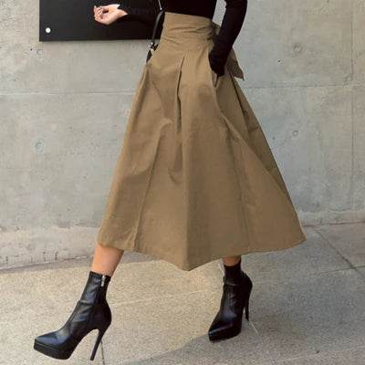 Skirts Womens Korean Fashion Solid Color Big Swing Ladies Skirt Long Skirt 2025 Autumn Wild High Waist Bow Slim Skirts - AIAZ