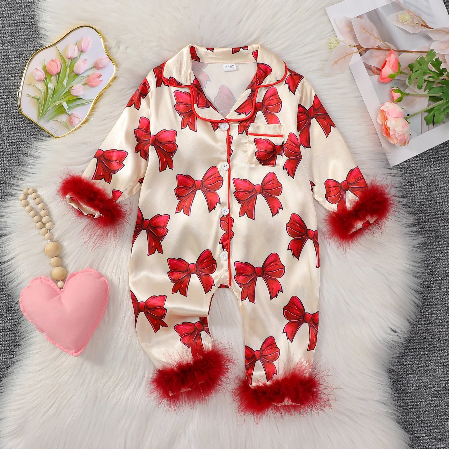 MISOWMNJOY Satin Baby Girls Pajamas Spring Long Sleeve Bow Print Furry Patchwork Button Closure Jumpsuit Sleepwear Loungewear