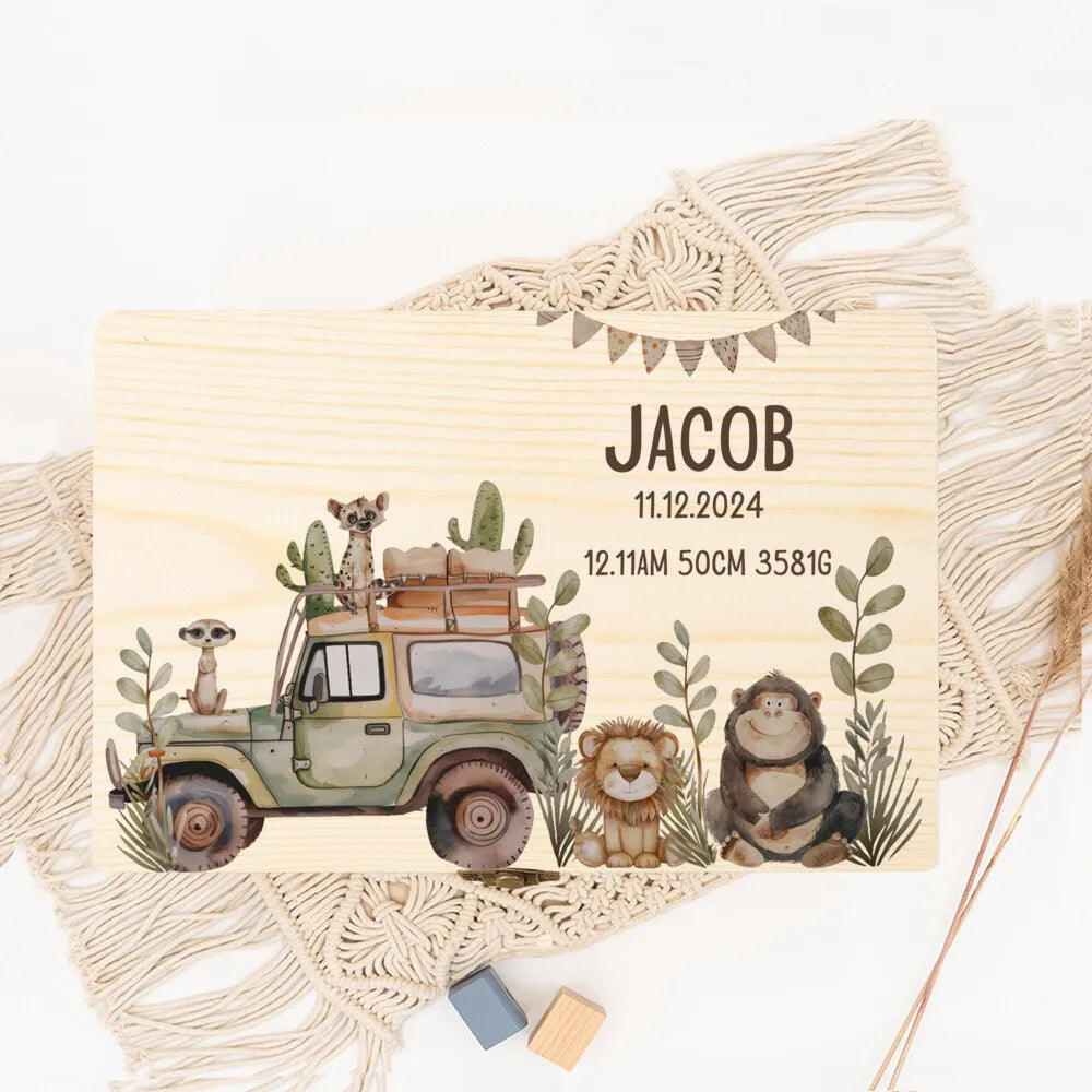 Personalized Memory Box with Trip Animals for Storing Keepsake Baby Baptism Gift Newborn Birth Stats Boxes Umbilical Cord Case