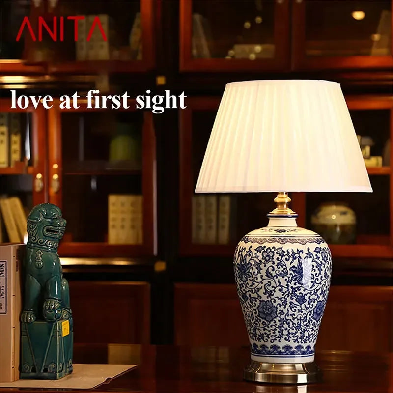 ANITA Modern Ceramics Table Lamps LED Dimming Chinese Blue And White Porcelain Desk Light for Home Living Room Bedroom
