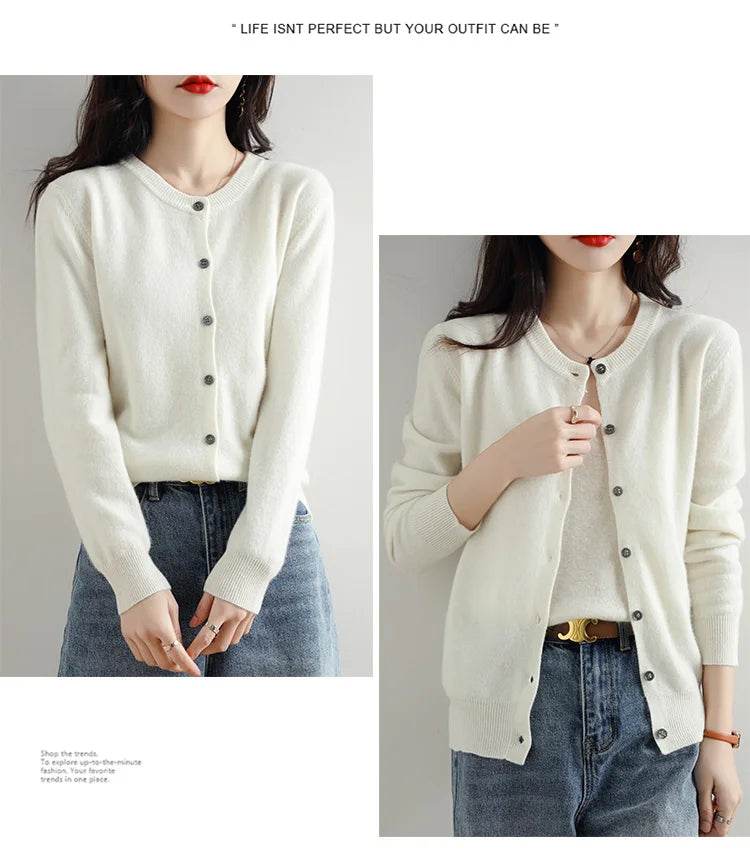 Knitted Cardigan Women's Sweater Autumn And Winter 2022 New Solid Color Coat Round Neck Short Long Sleeve Loose Korean Fashion - AIAZ