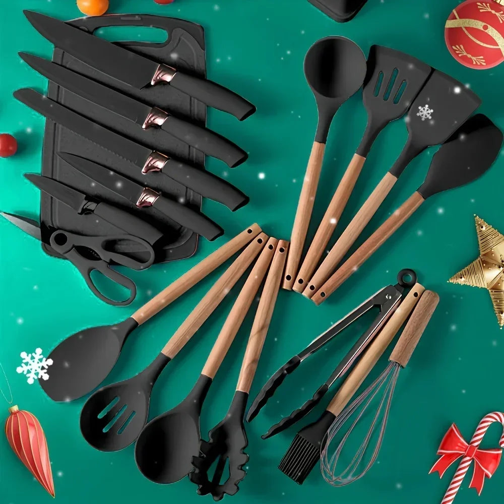 19 Pcs Non-Stick Silicone Kitchen Utensil Set with Knives Heat-Resistant Tools in Bamboo Storage Perfect for Cooking