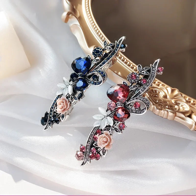 Red Crystal Flower Bow Spring Hairpin Vintage Ink Blue Rhinestone Horizontal Clip Top Clip Elegant Mom Fashion Hairpin Korean