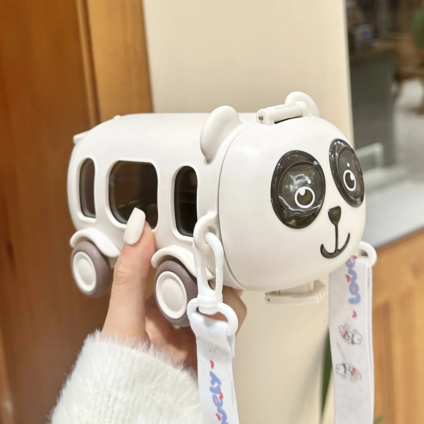 Baby Cute Panda Bus Portable Water Bottle with Shoulder Strap Kid Car Straw Water Cup Children's Water Bottle Drinking Cup