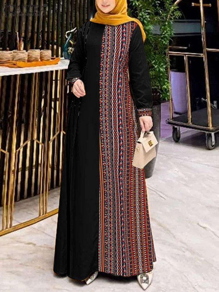 Fashion Women Long Sleeve Printed Muslim Abaya Dress ZANZEA Autumn Patchwork Sundress Maxi Dresses IsIamic Vestidos Robe Femme - AIAZ