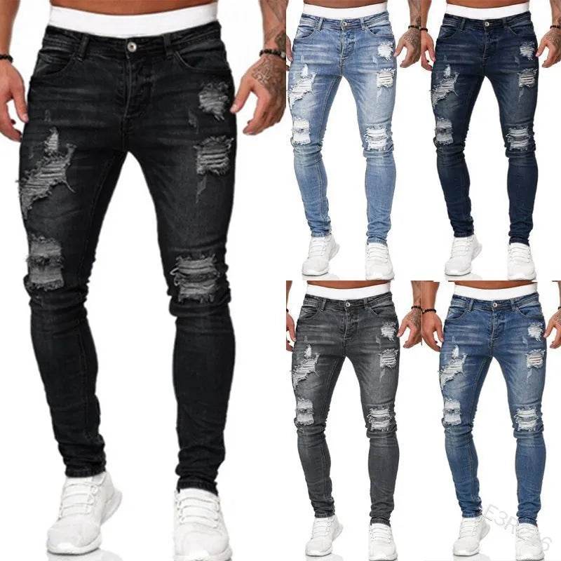 Fashion Street Style Ripped Skinny Jeans Men Vintage wash Solid Denim Trouser Mens Casual Slim fit pencil denim Pants hot sale - AIAZ