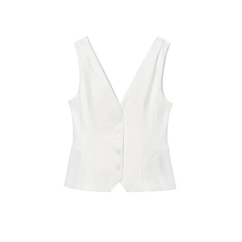 Women's Vest New Summer 2025 Solid Color Sleeveless Blend Vest Sexy V-neck Design Casual and Versatile Personality Fashion - AIAZ