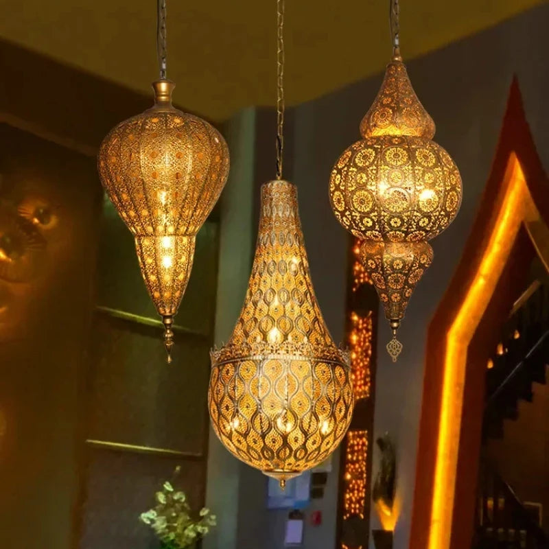 Vintage Antique Hollow Carving Pendant Lamp Southeast Asia Moroccan Golden Hanging Light Restaurant Bar Industrial Pendant Light