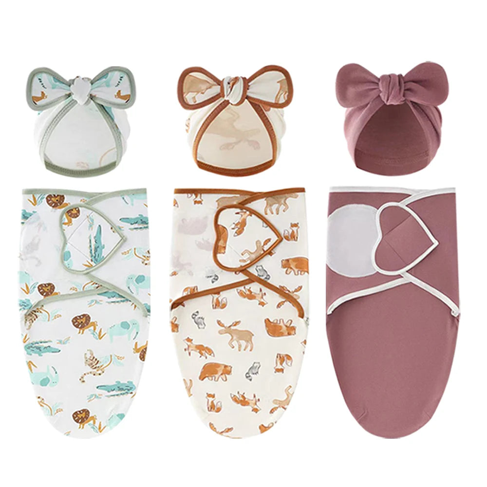 Baby Blanket Hat Set Cartoon Printed Cotton Newborn Swaddle Adjustable Infant Sleeping Swaddle Wraps All Seasons 0-6 Months
