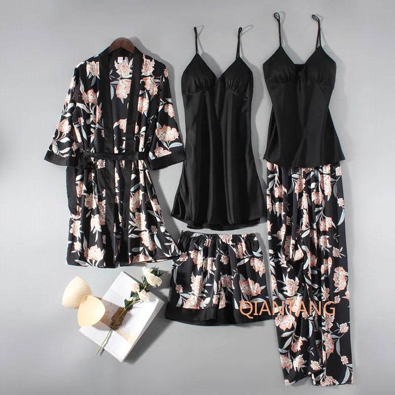 Pajamas Set Women Sleepwear Casual Satin Robe Suit Nightwear Lounge Wear V-neck Soft Pyjamas Kimono Bathrobe Gown Lingerie - AIAZ