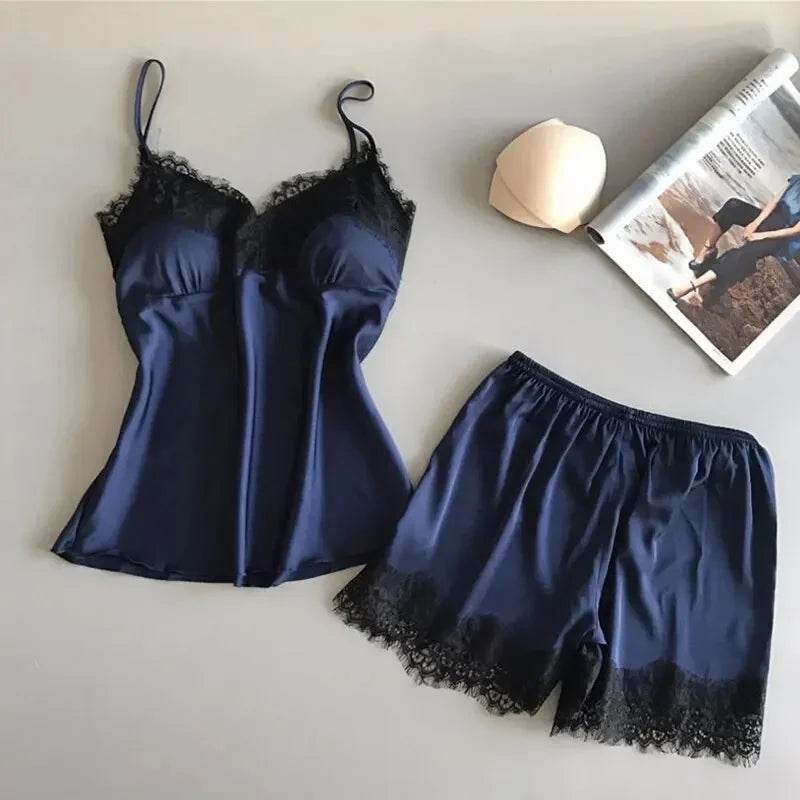 Women Pajama Suit Fashion V-Neck Stretch Satin Babydoll Lace Sexy Lingerie Bowknot Pyjamas Sleep Shorts Set Sleepwear New - AIAZ