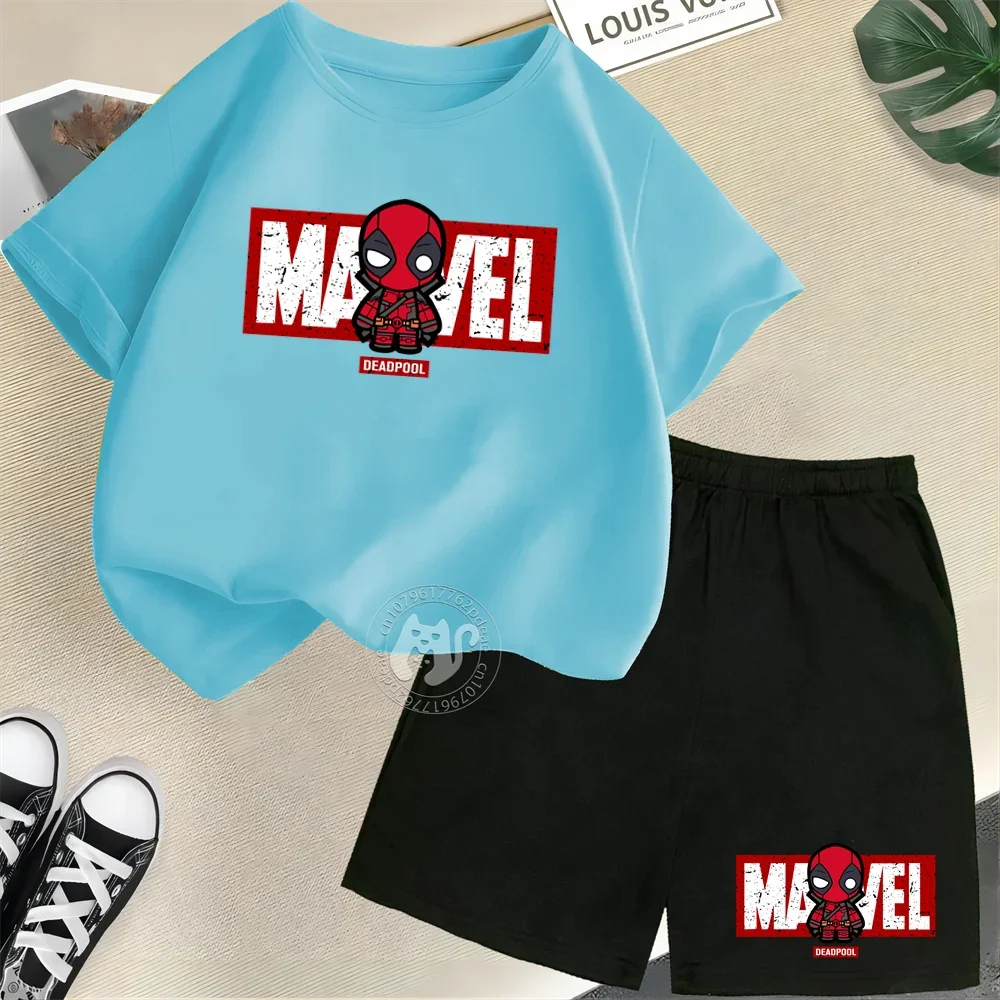 Superhero Summer Kids 100% Cotton T-shirt Street Mini Deadpool Print Short Sleeve T-shirt + Shorts Boys & Girls casual suit