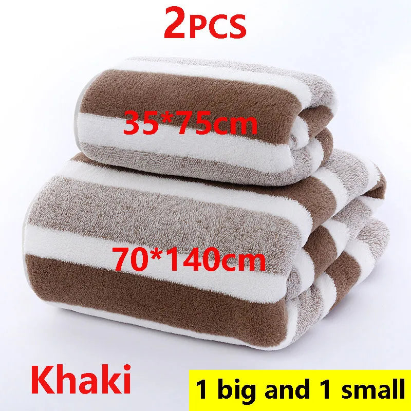 2PCS Thickened Absorbent Bath Towel Striped Pattern Towel Set Soft Face Towel for Home Bathroom Spa Quick Drying Microfiber