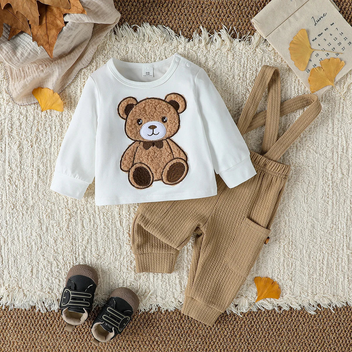 2PCS Baby Boys Boys Autumn Cute Long Sleeve Top With Bear +Button Jumpsuit Playsuit Overalls Sets Clothes Casual Outfits