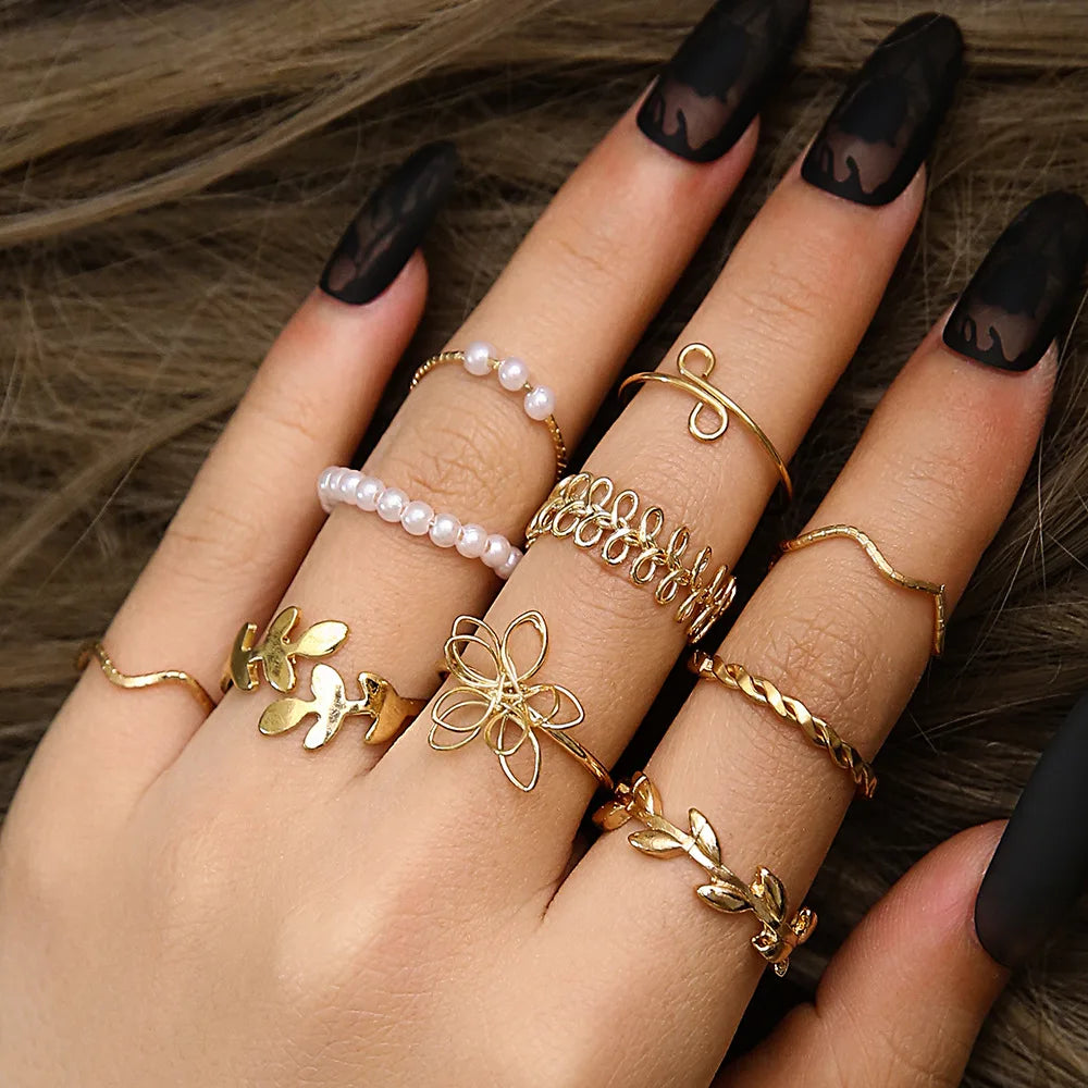 2024 New Tide Individuality Retro Geometric Hollowing Inlay Gem Rings SetLiquid State Metal Four-Piece Rings Set Paty Jewelry