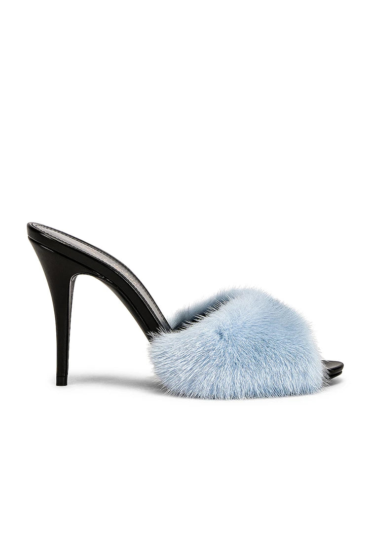 Thin high-heeled slippers summer new round-toed fish mouth fur leather fashion slippers banquet dress mink fur women's sandals