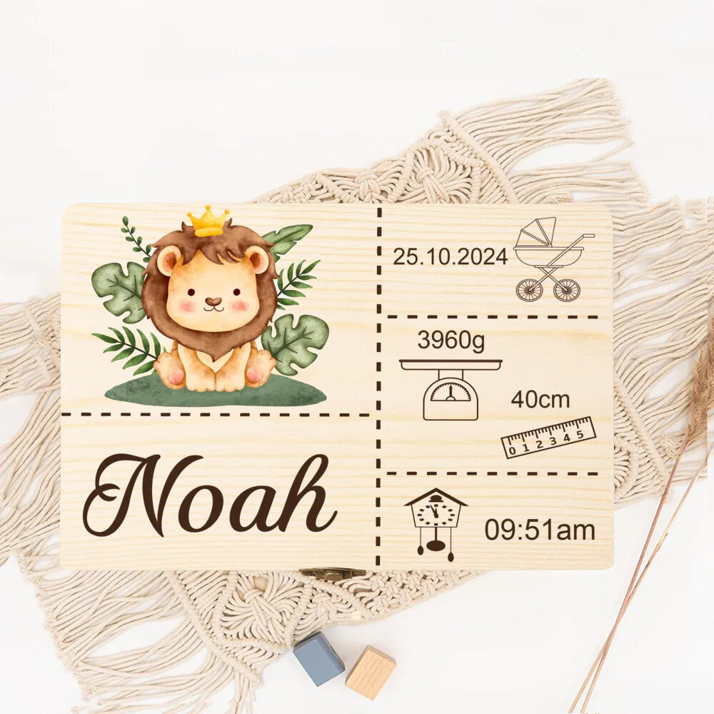 Personalised Safari Animal Baby Memory Box Custom Wooden Boxes Newborn Shower Gift Baby Birth Stats Keepsake Box Umbilical Boxes