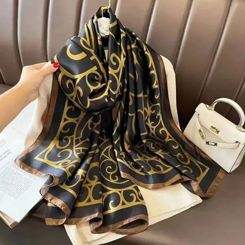 New Summer Women's Silk Scarf Sun Protection Satin Print Extra Long Beach Cover Up Decorative Mom's Shawl Fashionable Accessory - AIAZ