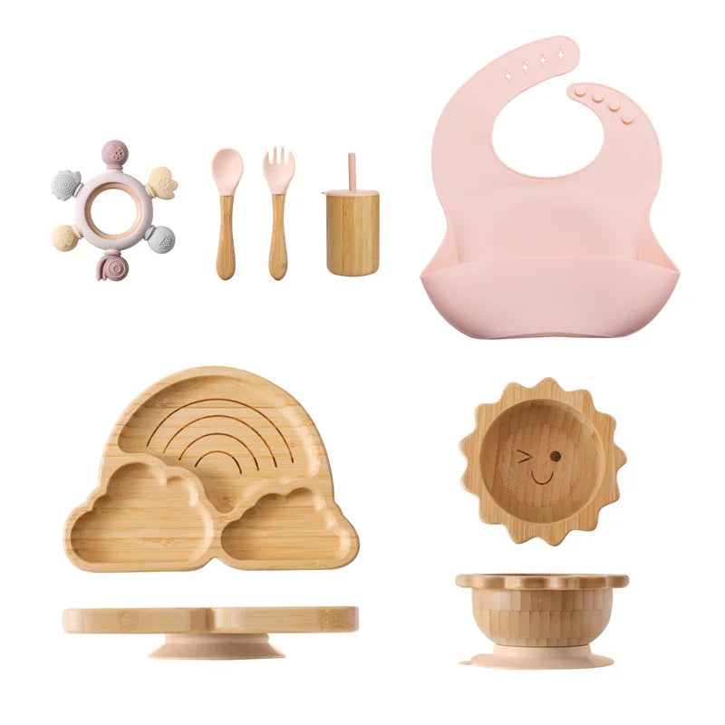 7pcs Silicone Baby Feeding Set Baby Feeding Supplies Kids Bamboo Dinnerware With Cup Children's Dishes Bowl Stuff Tableware Gift