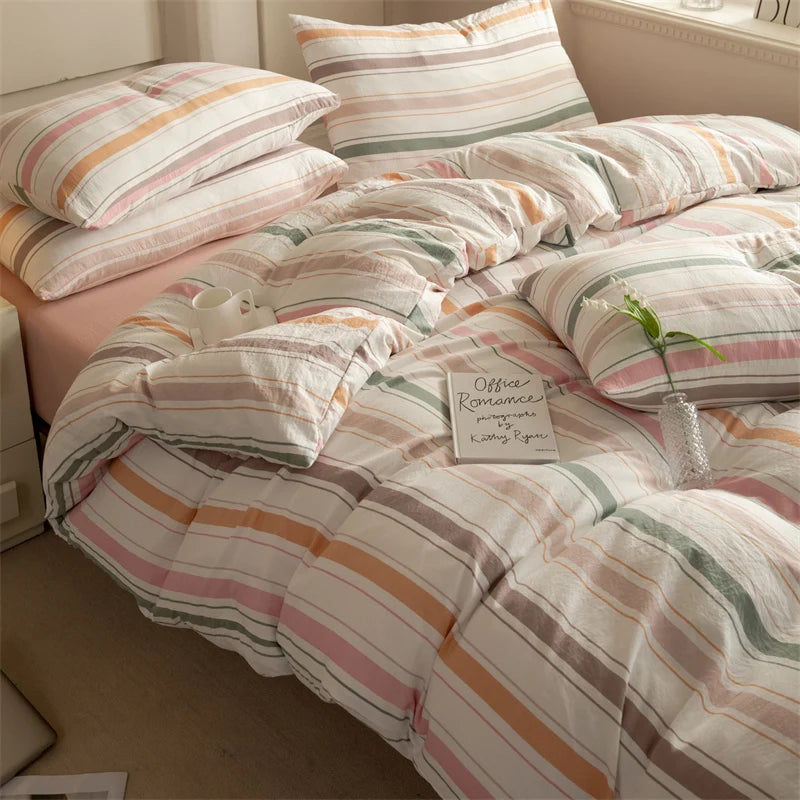 Striped Duvet Cover Set Queen 100% Washed Cotton Bedding Set, Luxury Soft Pink Vertical Ticking Stripes Comforter Cover, (3pcs)