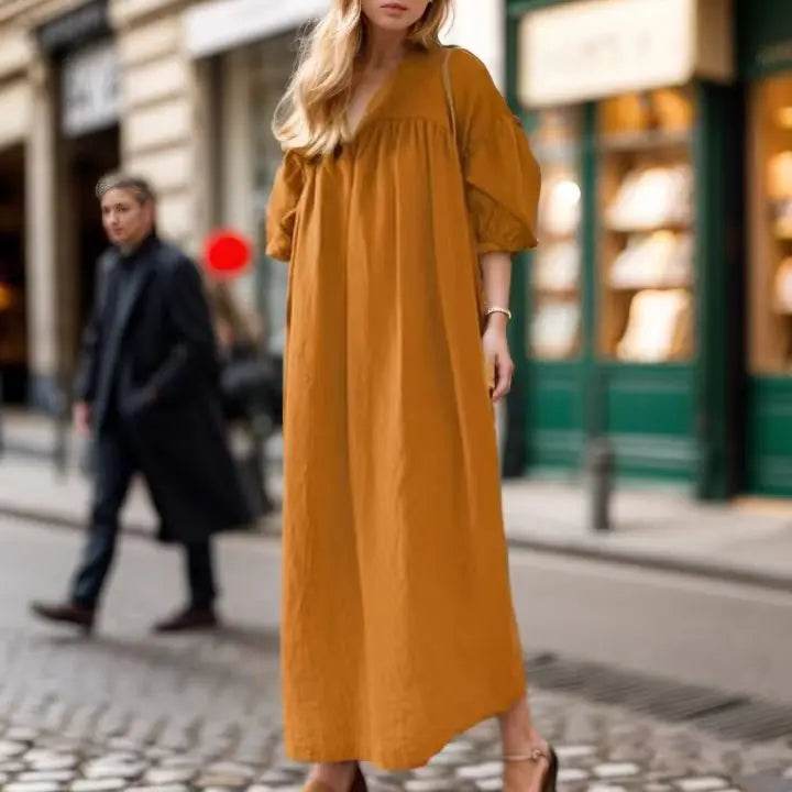 Muslim Fashion Dresses New Middle East Dubai Muslim Solid Color Loose V-neck Puff Sleeve Casual Cotton Polyester Dress - AIAZ