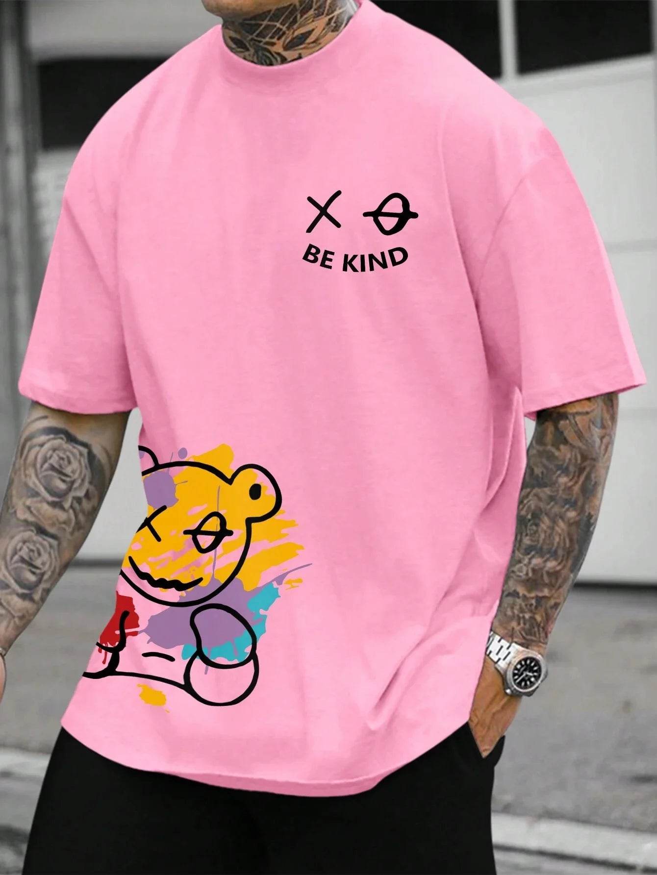 Men's 100% pure cotton summer loose size BE KIND letter cartoon print casual comfortable round neck short sleeved T-shirt top - AIAZ