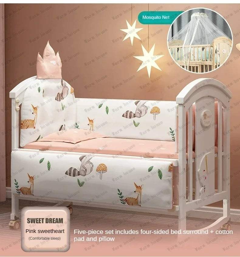 Solid wood spliced crib Multifunctional European style children's bed Movable newborn cradle large bed Baby Rest Chair