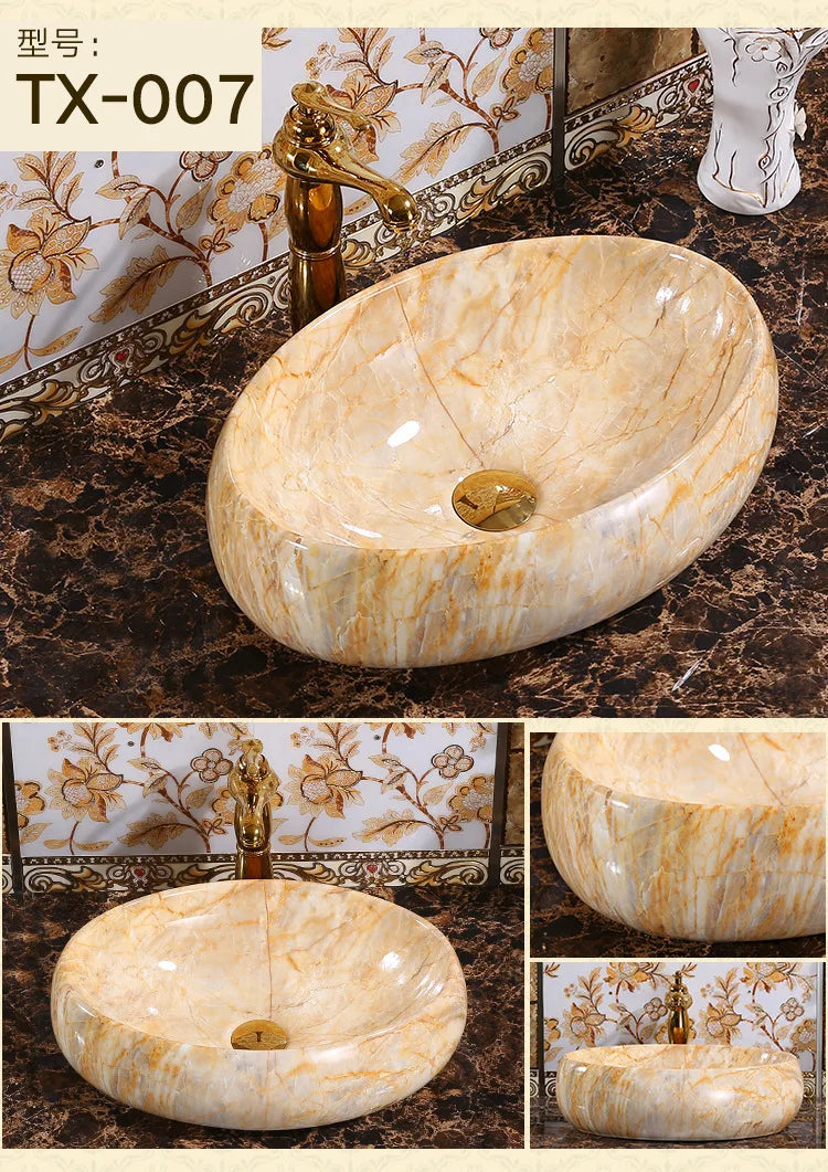 Marble Pattern Oval Bathroom Sink Home Stylish and Simple Ceramic Washbasin Hotel Balcony Countertop Art Basin for Washroom